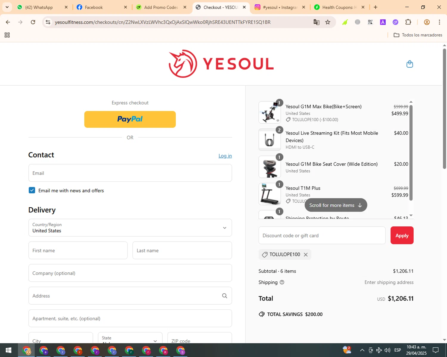 YESOUL coupon code screenshot showing code Tolulope100 applied at YESOUL checkout page. Uploaded by SimplyCodes community member RewardVoyager7796 on Apr 29, 2025