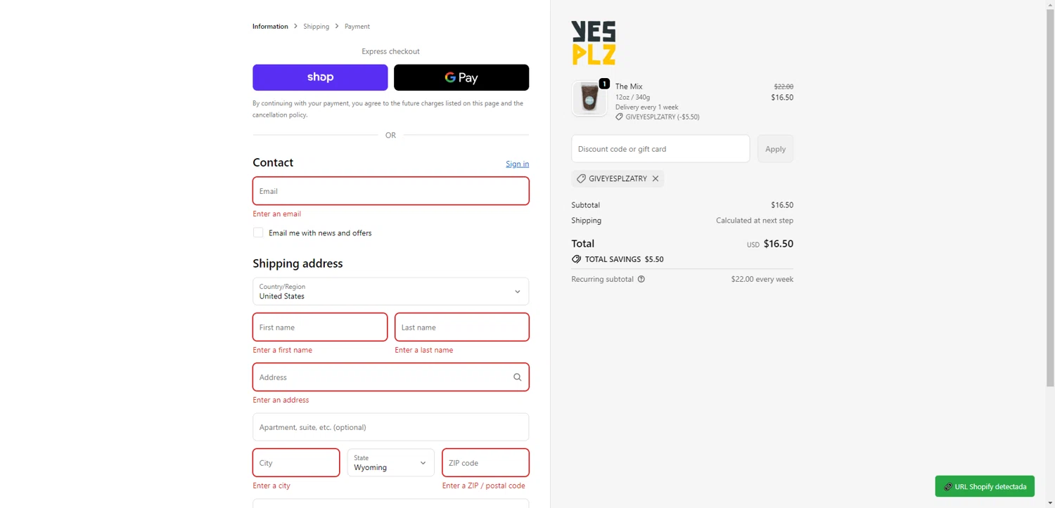 Yes Plz Coffee promo code screenshot showing code GIVEYESPLZATRY applied at Yes Plz Coffee checkout page. Uploaded by SimplyCodes community member PromoSeeker7158 on Dec 22, 2025