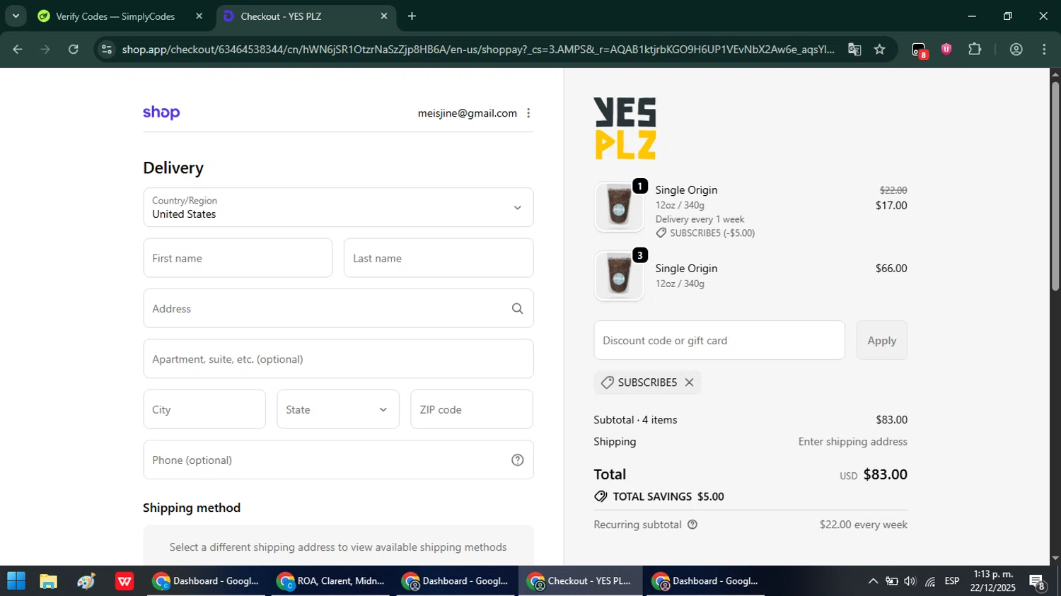 Yes Plz Coffee promo code screenshot showing code SUBSCRIBE5 applied at Yes Plz Coffee checkout page. Uploaded by SimplyCodes community member Chinito0209 on Dec 22, 2025