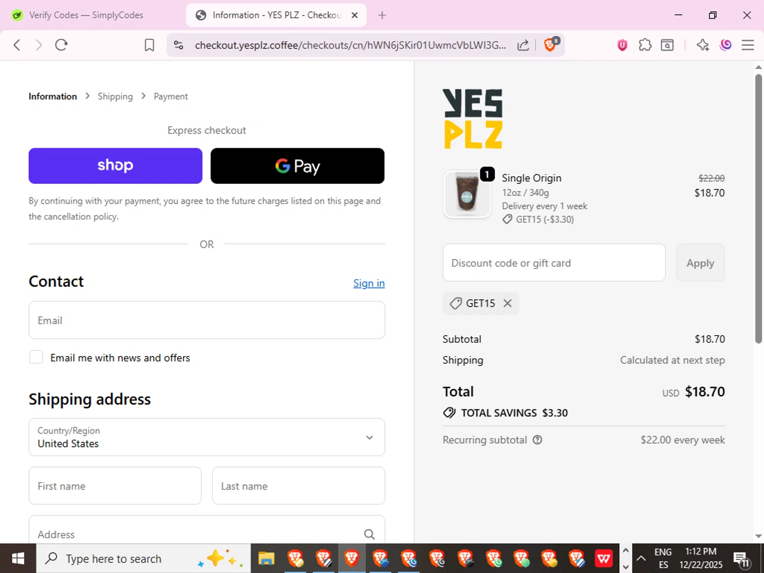 Yes Plz Coffee promo code screenshot showing code GET15 applied at Yes Plz Coffee checkout page. Uploaded by SimplyCodes community member Joserafa on Dec 22, 2025