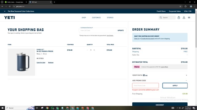YETI checkout page showing YETI promo code box | Screenshot taken by SimplyCodes community member on Feb 27, 2025