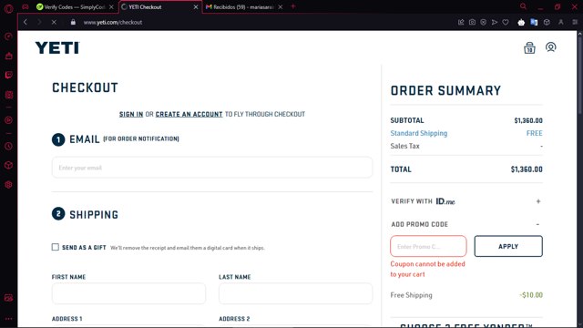 YETI checkout page showing YETI promo code box | Screenshot taken by SimplyCodes community member on Dec 7, 2024