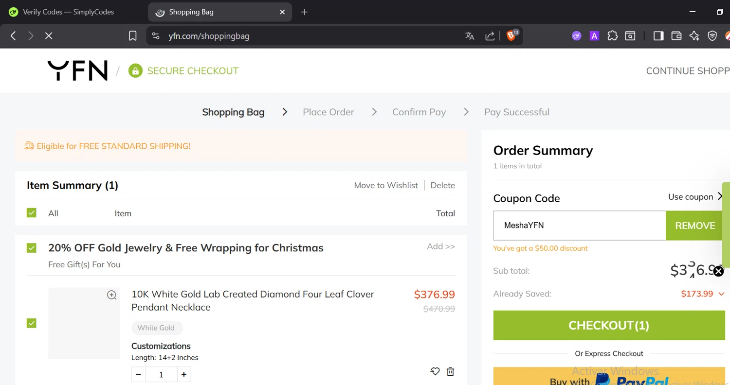 YFN promo code screenshot showing code MESHAYFN applied at YFN checkout page. Uploaded by SimplyCodes community member CoinOwl5103 on Dec 23, 2025