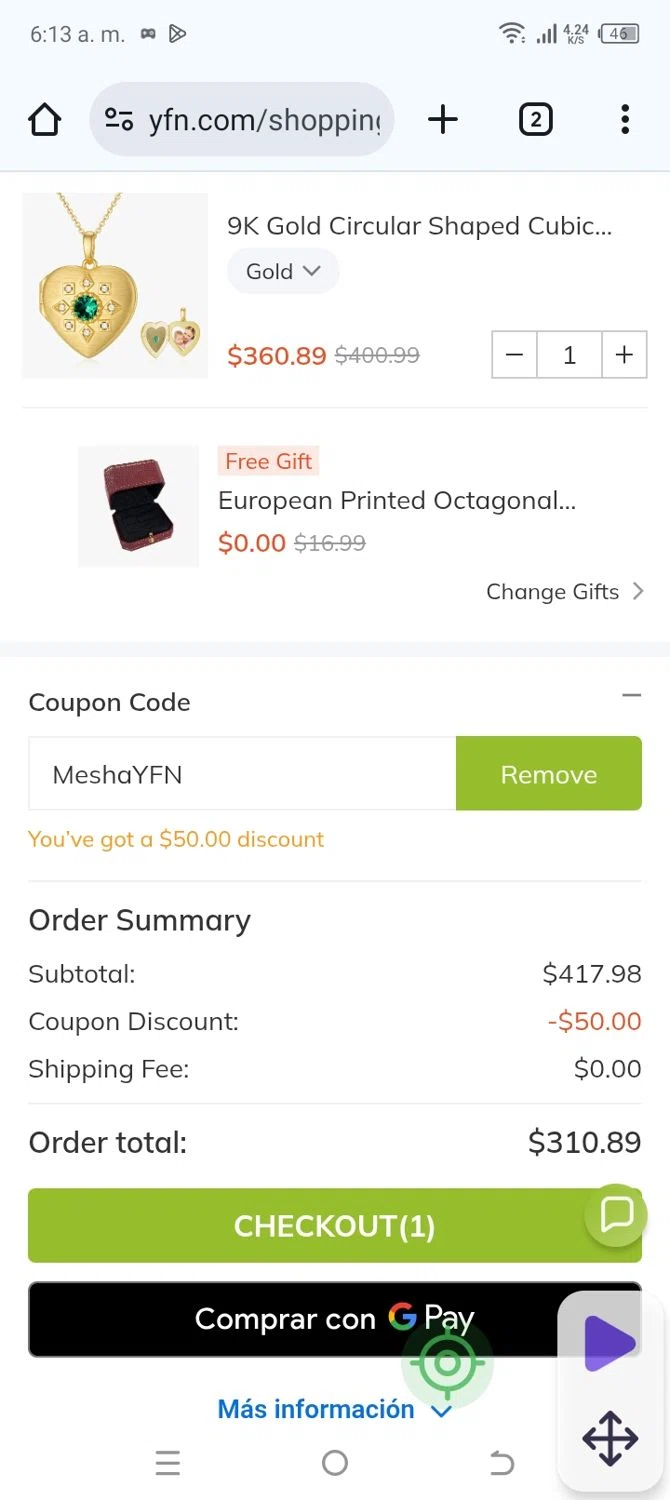 YFN promo code screenshot showing code MESHAYFN applied at YFN checkout page. Uploaded by SimplyCodes community member GoldSeeker7901 on Oct 16, 2025