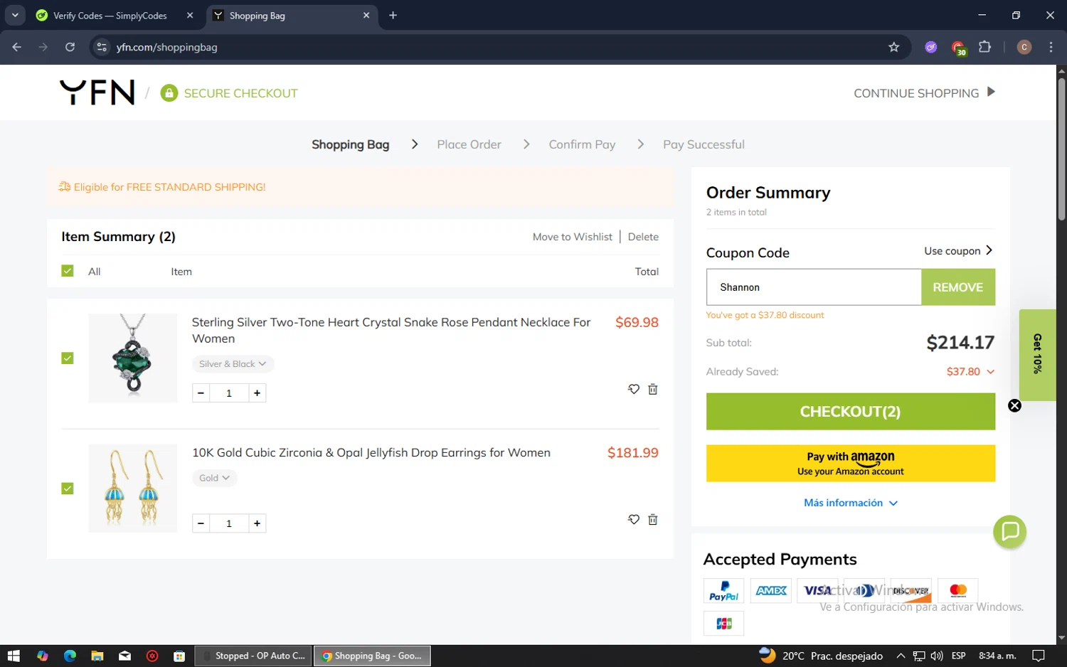YFN promo code screenshot showing code Shannon applied at YFN checkout page. Uploaded by SimplyCodes community member MessiLove on Jul 2, 2025