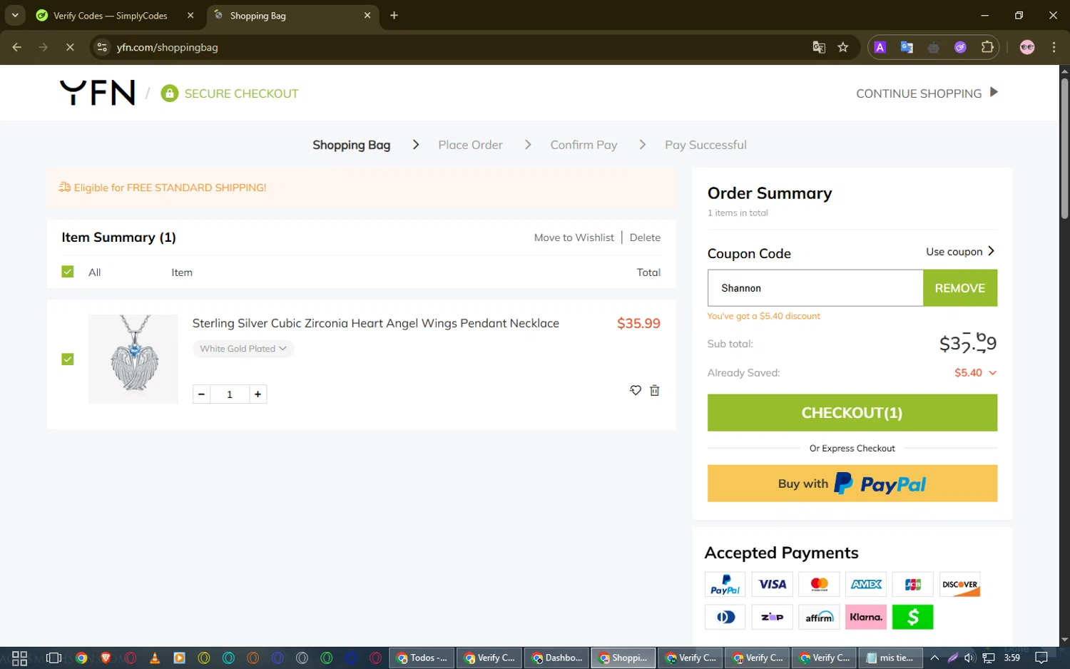 YFN promo code screenshot showing code Shannon applied at YFN checkout page. Uploaded by SimplyCodes community member SmartElite7457 on Apr 17, 2025