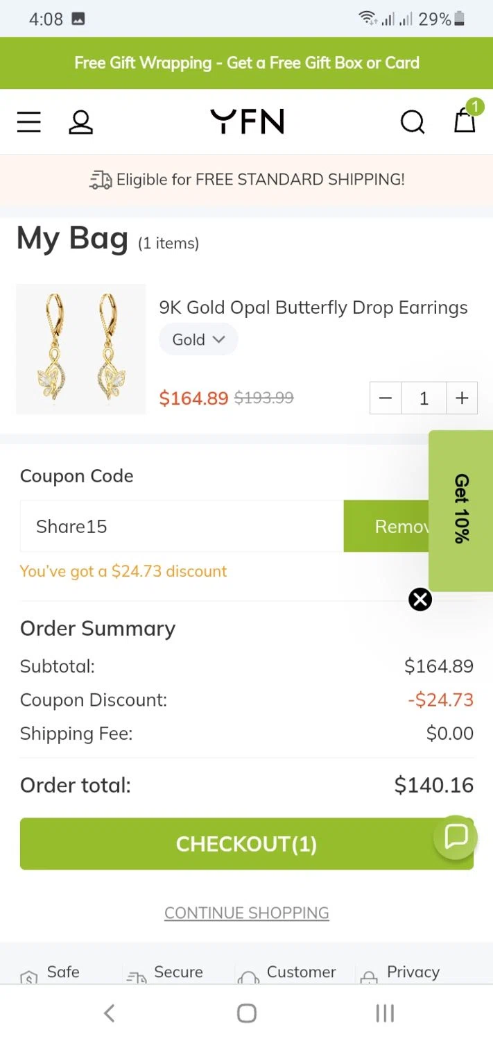 YFN promo code screenshot showing code Share15 applied at YFN checkout page. Uploaded by SimplyCodes community member menotychire on Oct 2, 2025