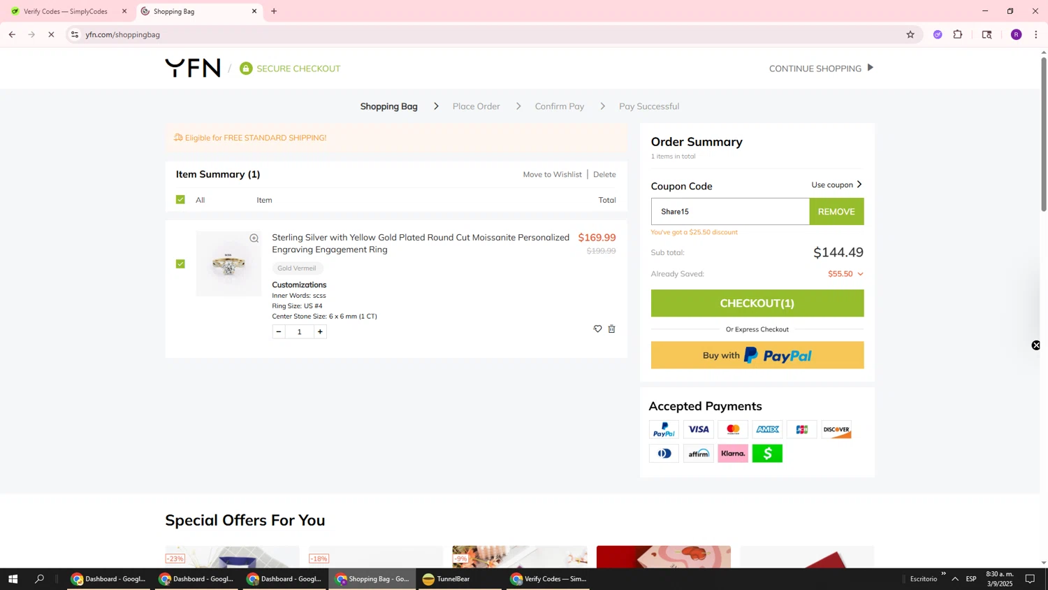 YFN promo code screenshot showing code Share15 applied at YFN checkout page. Uploaded by SimplyCodes community member ukemochi on Sep 3, 2025