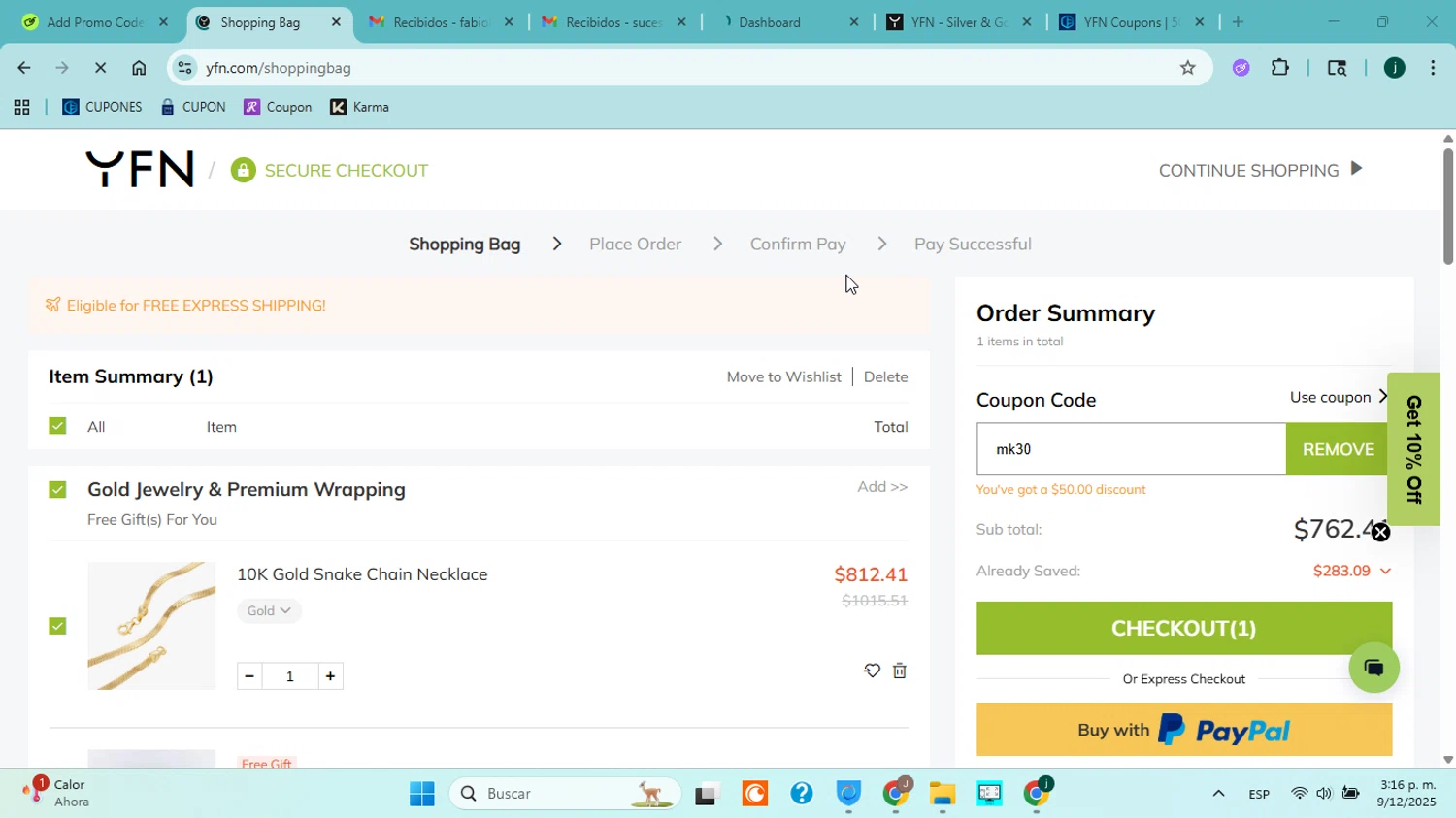 YFN promo code screenshot showing code mk30 applied at YFN checkout page. Uploaded by SimplyCodes community member jorgejavierherrera on Dec 9, 2025