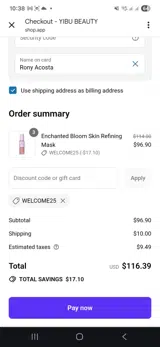 Welcome25 coupon verification screenshot