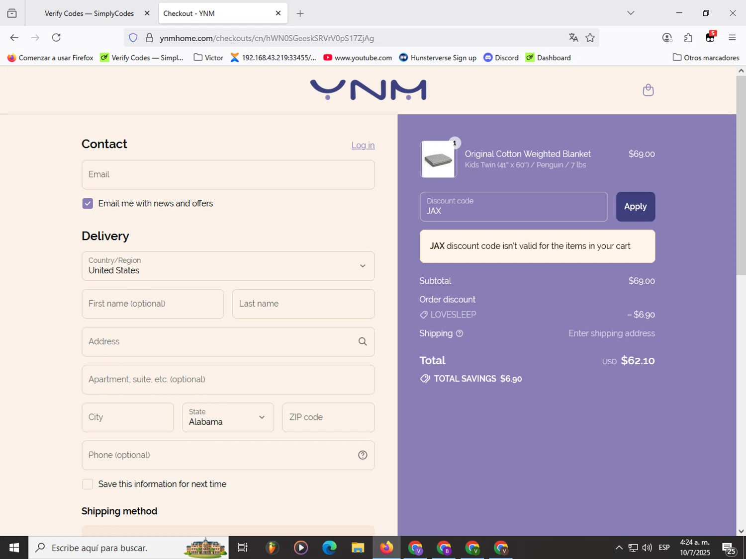 YNM home coupon code screenshot showing code JAX applied at YNM home checkout page. Uploaded by SimplyCodes community member Garou_Y2K on Jul 10, 2025