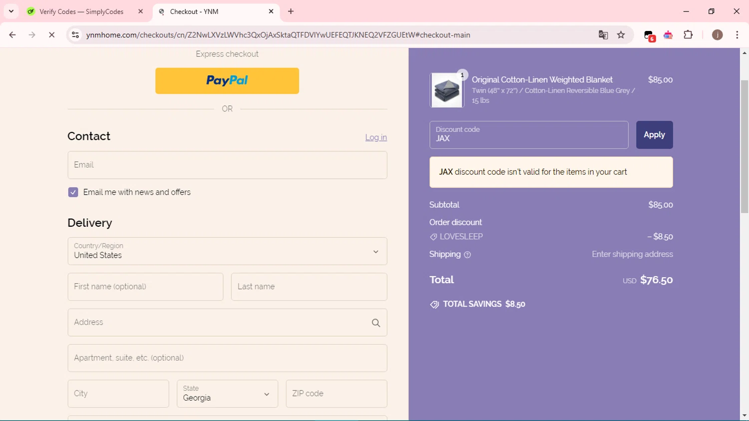 YNM home coupon code screenshot showing code JAX applied at YNM home checkout page. Uploaded by SimplyCodes community member xcvcxvsave on Feb 13, 2025