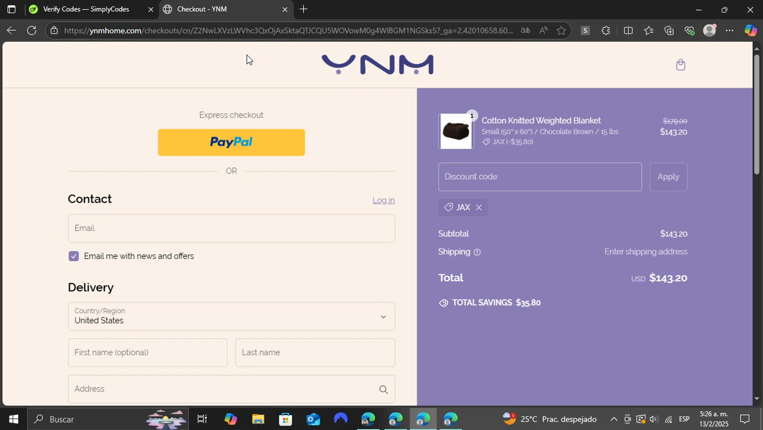 YNM home coupon code screenshot showing code JAX applied at YNM home checkout page. Uploaded by SimplyCodes community member vasijadeaceite on Feb 13, 2025