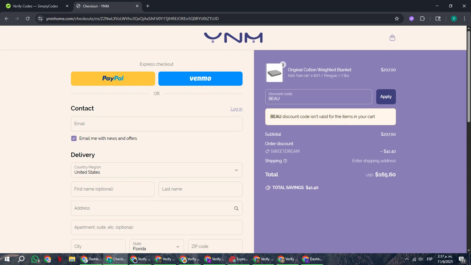 YNM home coupon code screenshot showing code BEAU applied at YNM home checkout page. Uploaded by SimplyCodes community member FrugalCaptain6906 on Jun 11, 2025