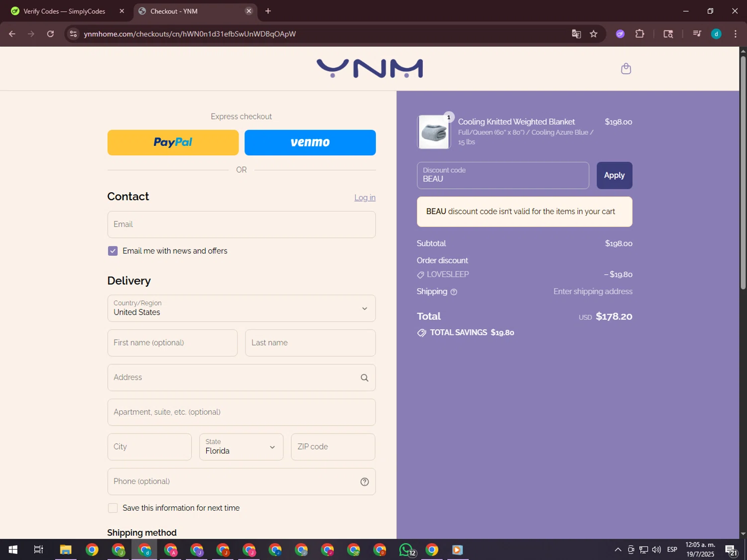 YNM home coupon code screenshot showing code BEAU applied at YNM home checkout page. Uploaded by SimplyCodes community member GloriousTiger3507 on Jul 19, 2025