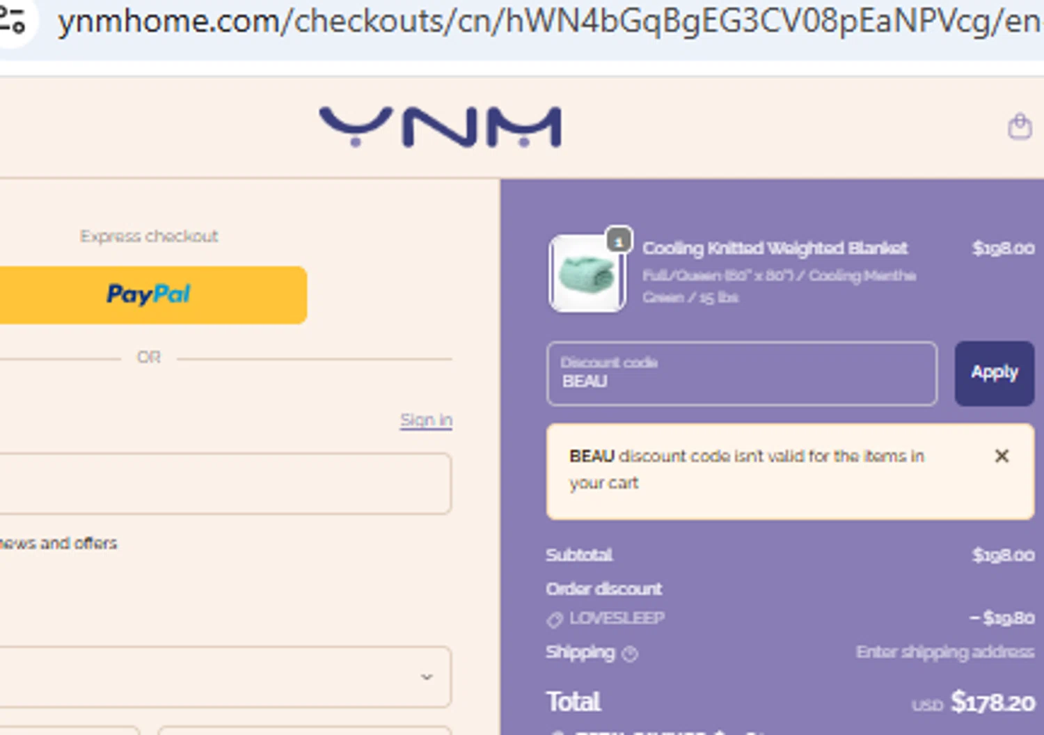 YNM home coupon code screenshot showing code BEAU applied at YNM home checkout page. Uploaded by SimplyCodes community member PennyOwl2559 on Oct 27, 2025