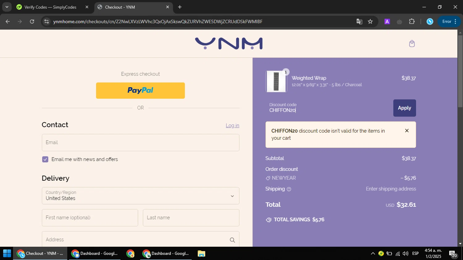 YNM home coupon code screenshot showing code CHIFFON20 applied at YNM home checkout page. Uploaded by SimplyCodes community member RebateRanger5627 on Feb 1, 2025