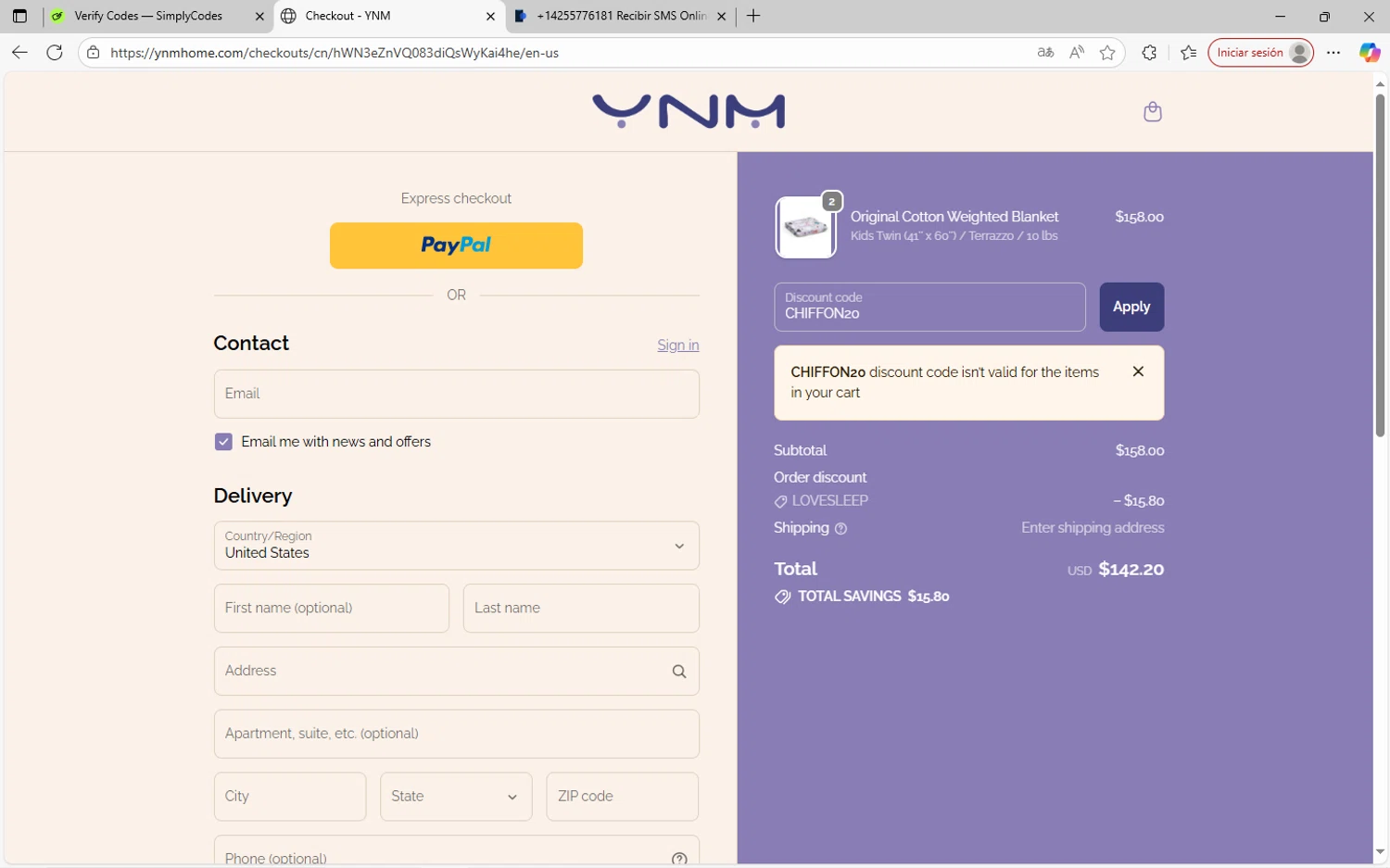 YNM home coupon code screenshot showing code CHIFFON20 applied at YNM home checkout page. Uploaded by SimplyCodes community member SavvyWizard7346 on Oct 2, 2025
