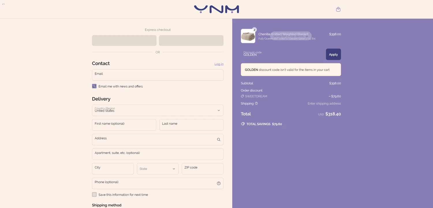 YNM home coupon code screenshot showing code GOLDEN applied at YNM home checkout page. Uploaded by SimplyCodes community member Baltichiguy on Apr 7, 2025
