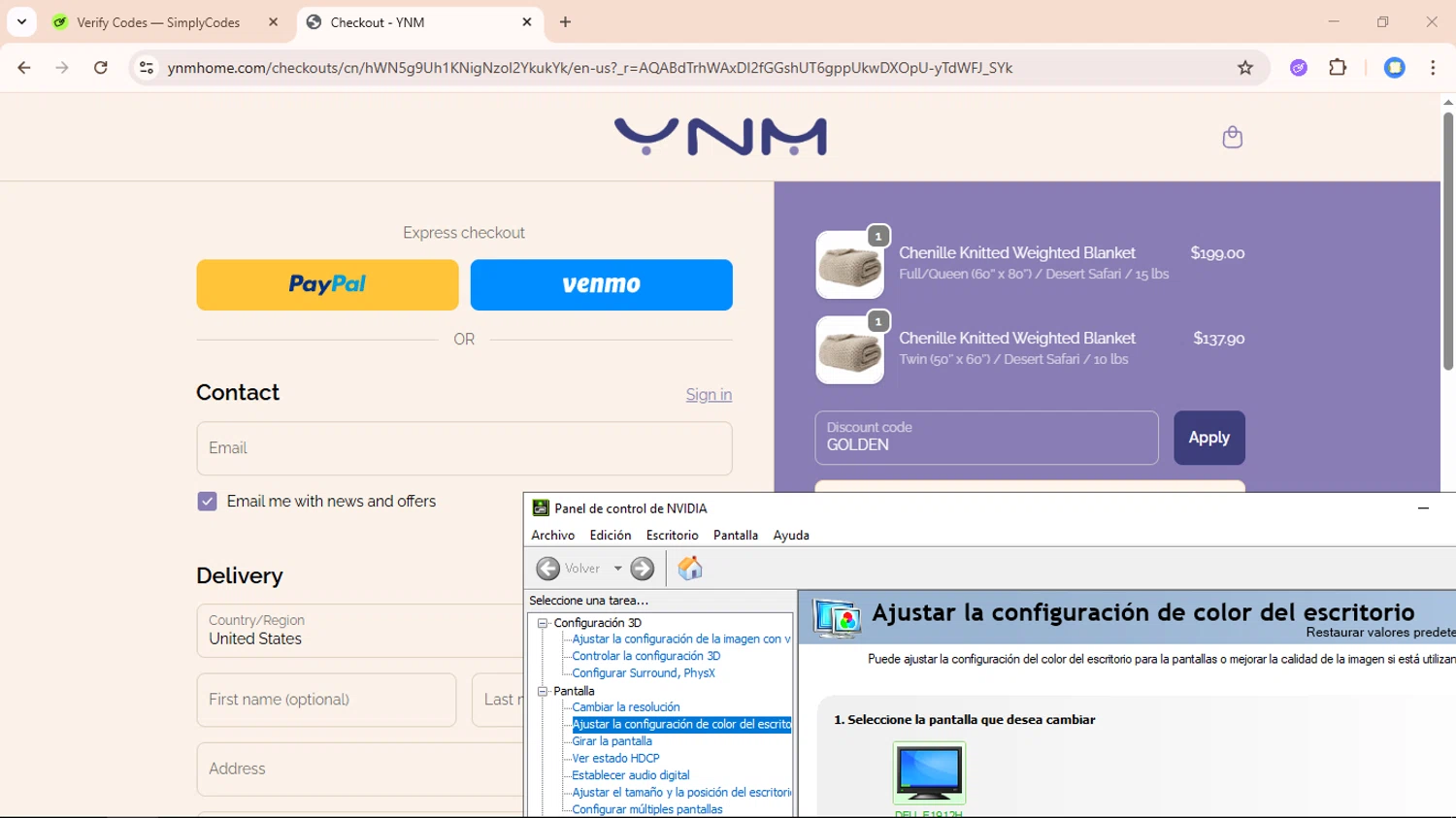 YNM home coupon code screenshot showing code GOLDEN applied at YNM home checkout page. Uploaded by SimplyCodes community member davidguardia on Nov 24, 2025