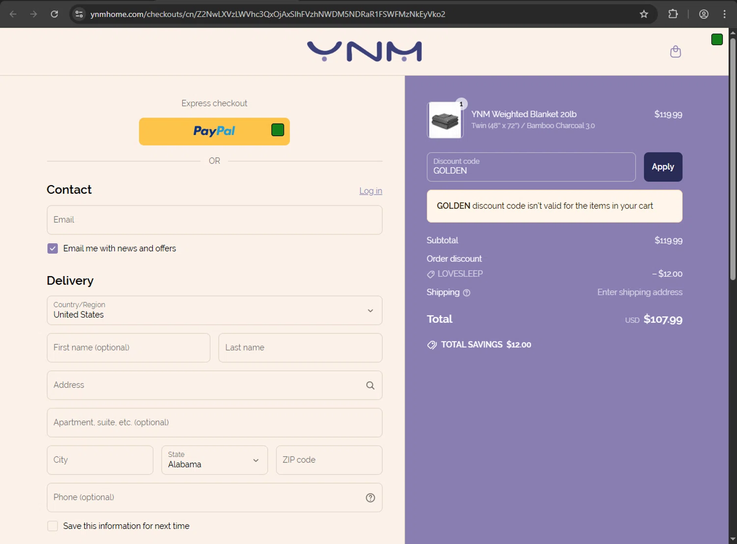 YNM home coupon code screenshot showing code GOLDEN applied at YNM home checkout page. Uploaded by SimplyCodes community member kaiserser on Jun 11, 2025