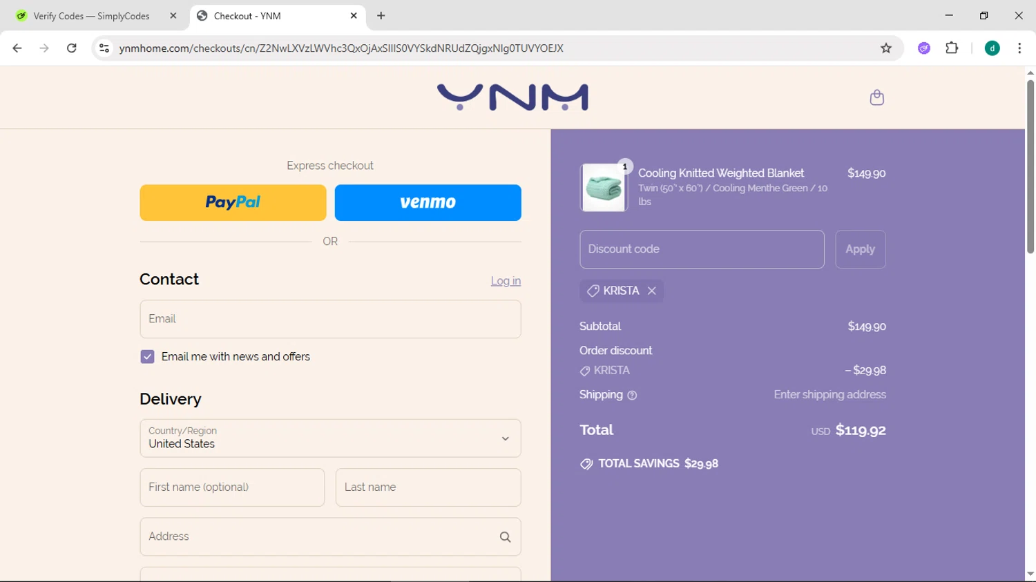 YNM home coupon code screenshot showing code KRISTA applied at YNM home checkout page. Uploaded by SimplyCodes community member HEROESCUDA on Jun 24, 2025