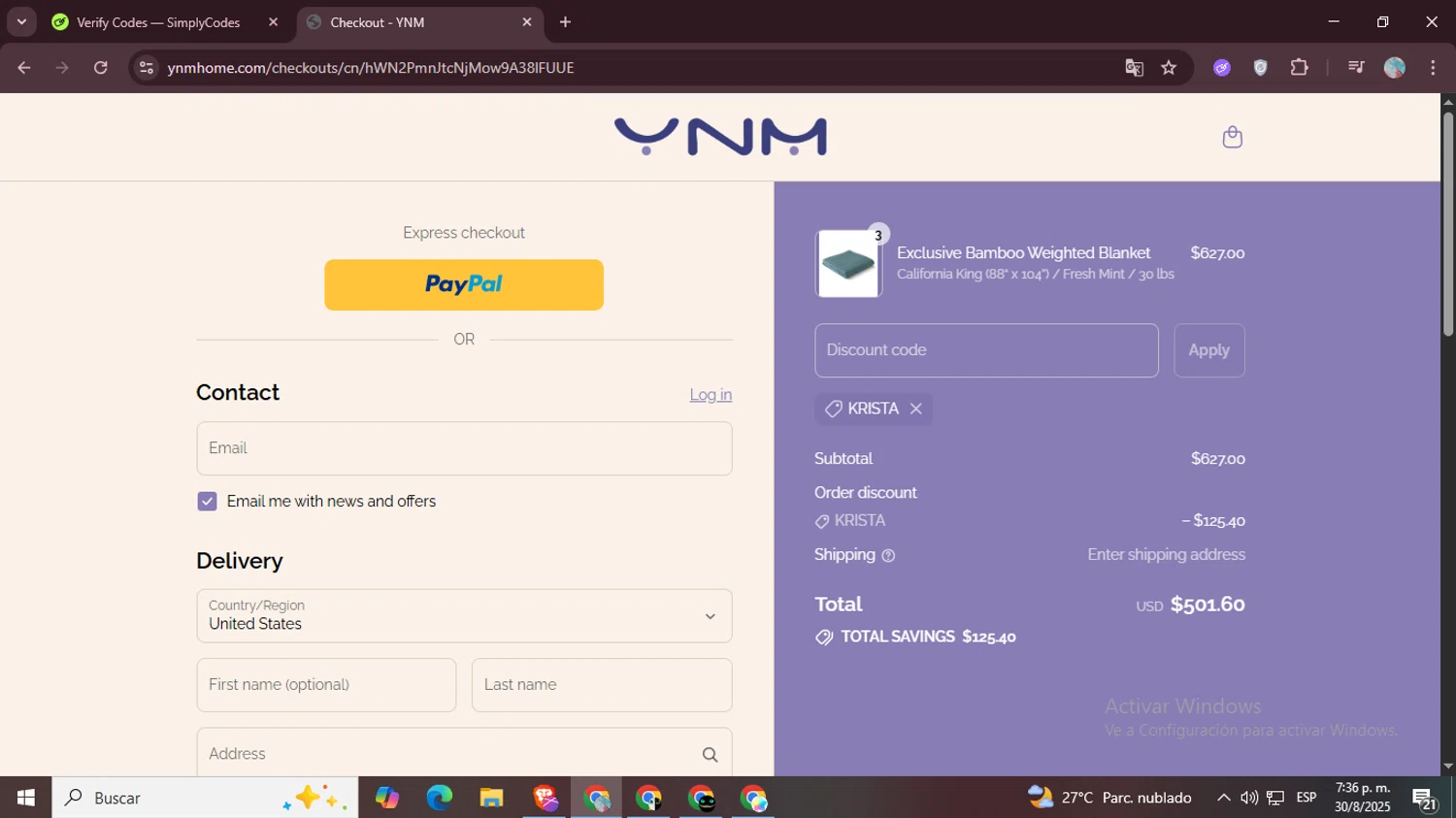 YNM home coupon code screenshot showing code KRISTA applied at YNM home checkout page. Uploaded by SimplyCodes community member LegendaryPro7106 on Aug 30, 2025