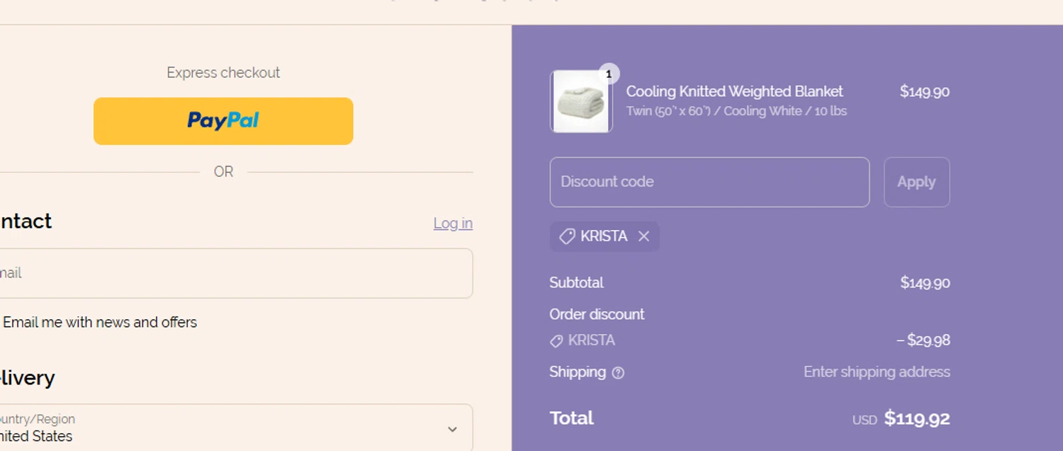 YNM home coupon code screenshot showing code KRISTA applied at YNM home checkout page. Uploaded by SimplyCodes community member ashe1986 on Jun 24, 2025