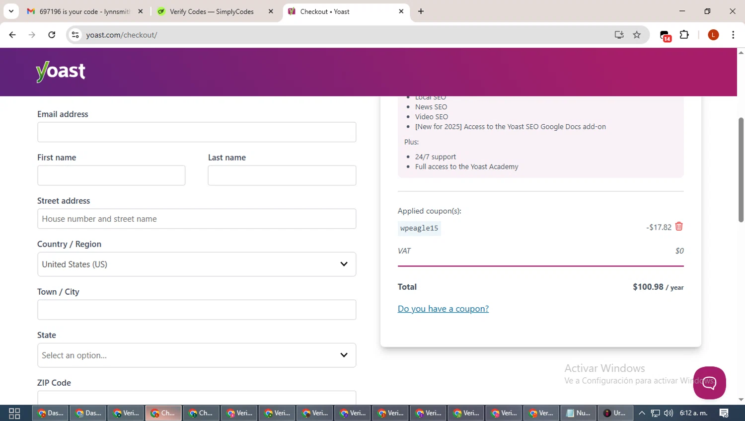 Yoast checkout page showing Yoast coupon code box | Screenshot taken by SimplyCodes community member on Dec 4, 2025