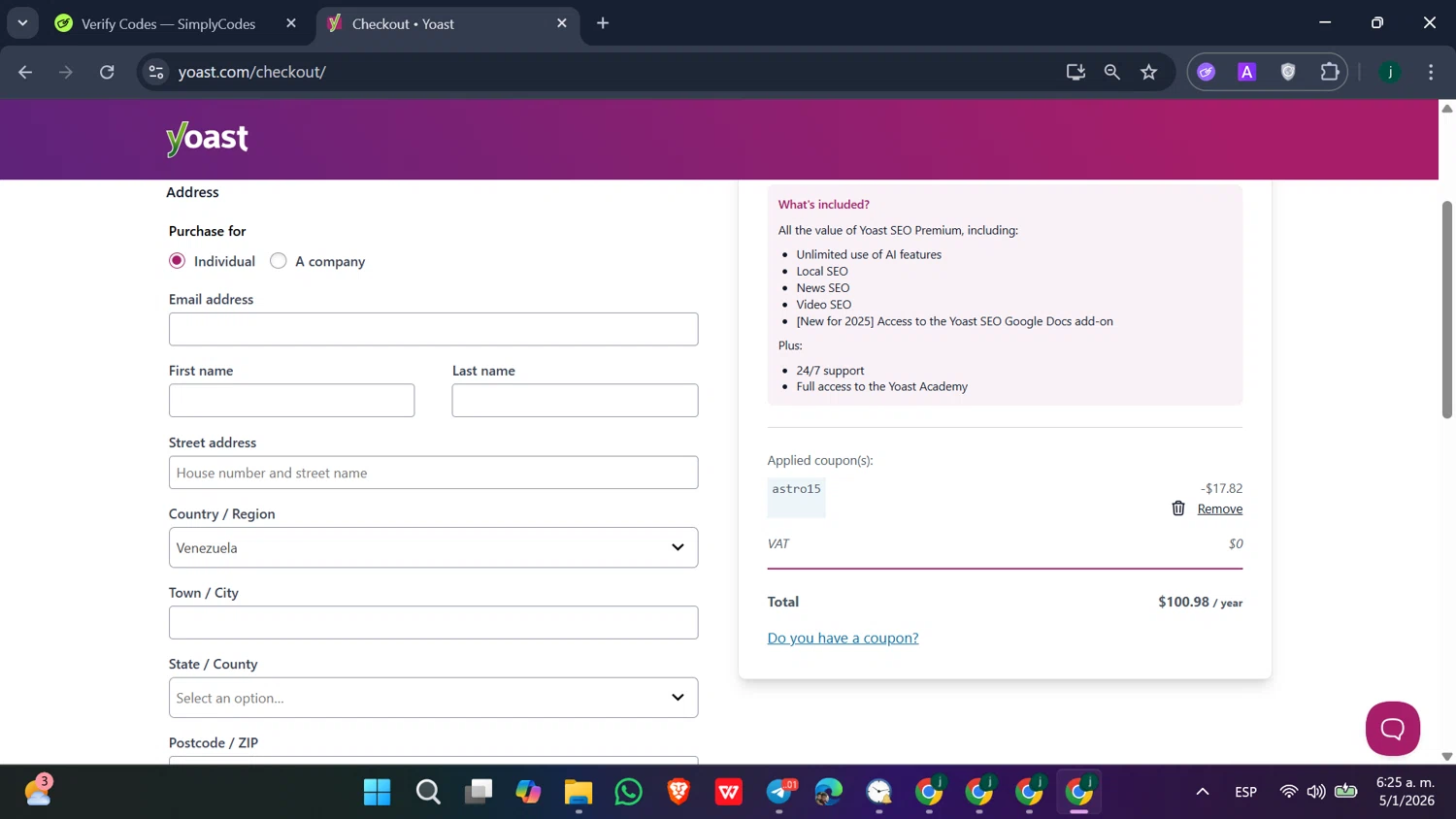 Yoast checkout page showing Yoast coupon code box | Screenshot taken by SimplyCodes community member on Jan 5, 2026