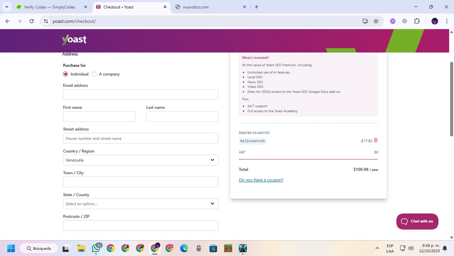 Yoast coupon code screenshot showing code Helloveeru15 applied at Yoast checkout page. Uploaded by SimplyCodes community member GloriousGuardian9063 on Oct 13, 2025