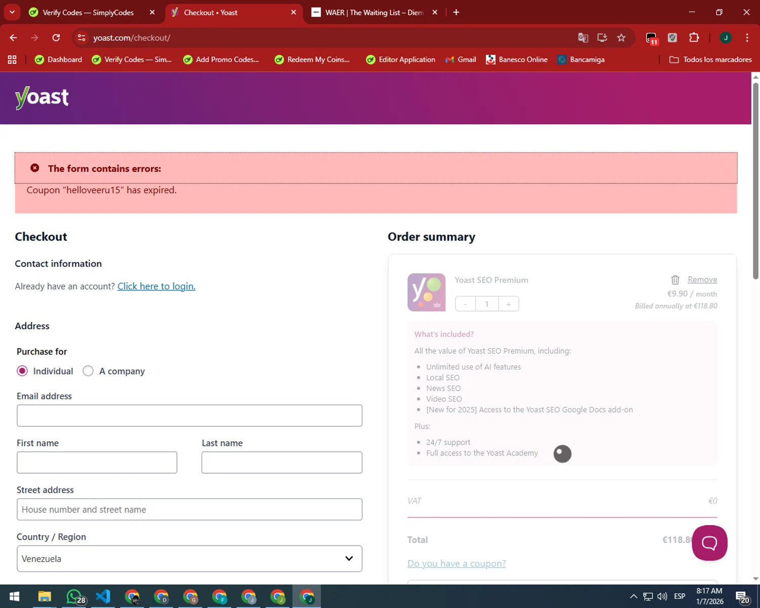 Yoast coupon code screenshot showing code Helloveeru15 applied at Yoast checkout page. Uploaded by SimplyCodes community member SilverAdmiral2559 on Jan 7, 2026