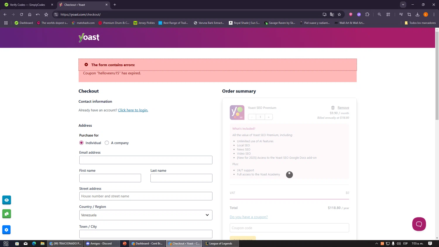 Yoast coupon code screenshot showing code Helloveeru15 applied at Yoast checkout page. Uploaded by SimplyCodes community member VayneChambeadora on Jan 7, 2026
