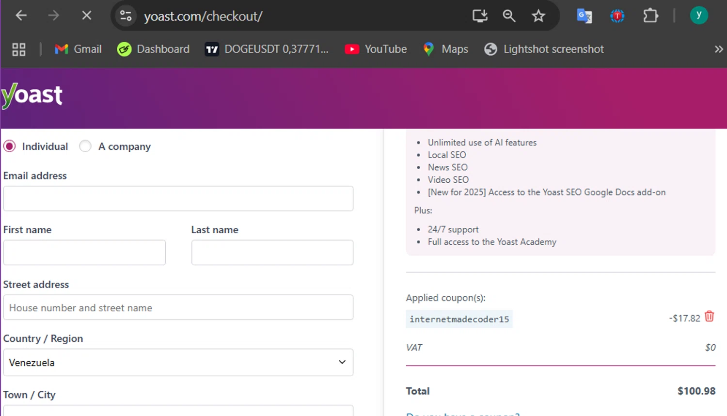 Yoast coupon code screenshot showing code internetmadecoder15 applied at Yoast checkout page. Uploaded by SimplyCodes community member 502312 on Nov 12, 2025
