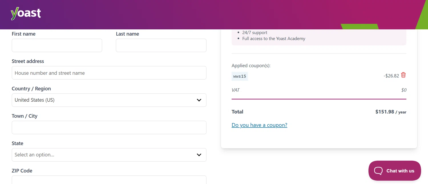 Yoast coupon code screenshot showing code WWS15 applied at Yoast checkout page. Uploaded by SimplyCodes community member Dorothy on Oct 16, 2025
