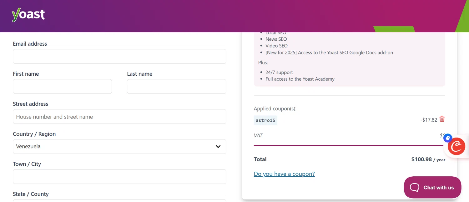 Yoast coupon code screenshot showing code ASTRO15 applied at Yoast checkout page. Uploaded by SimplyCodes community member Dorothy on Oct 10, 2025