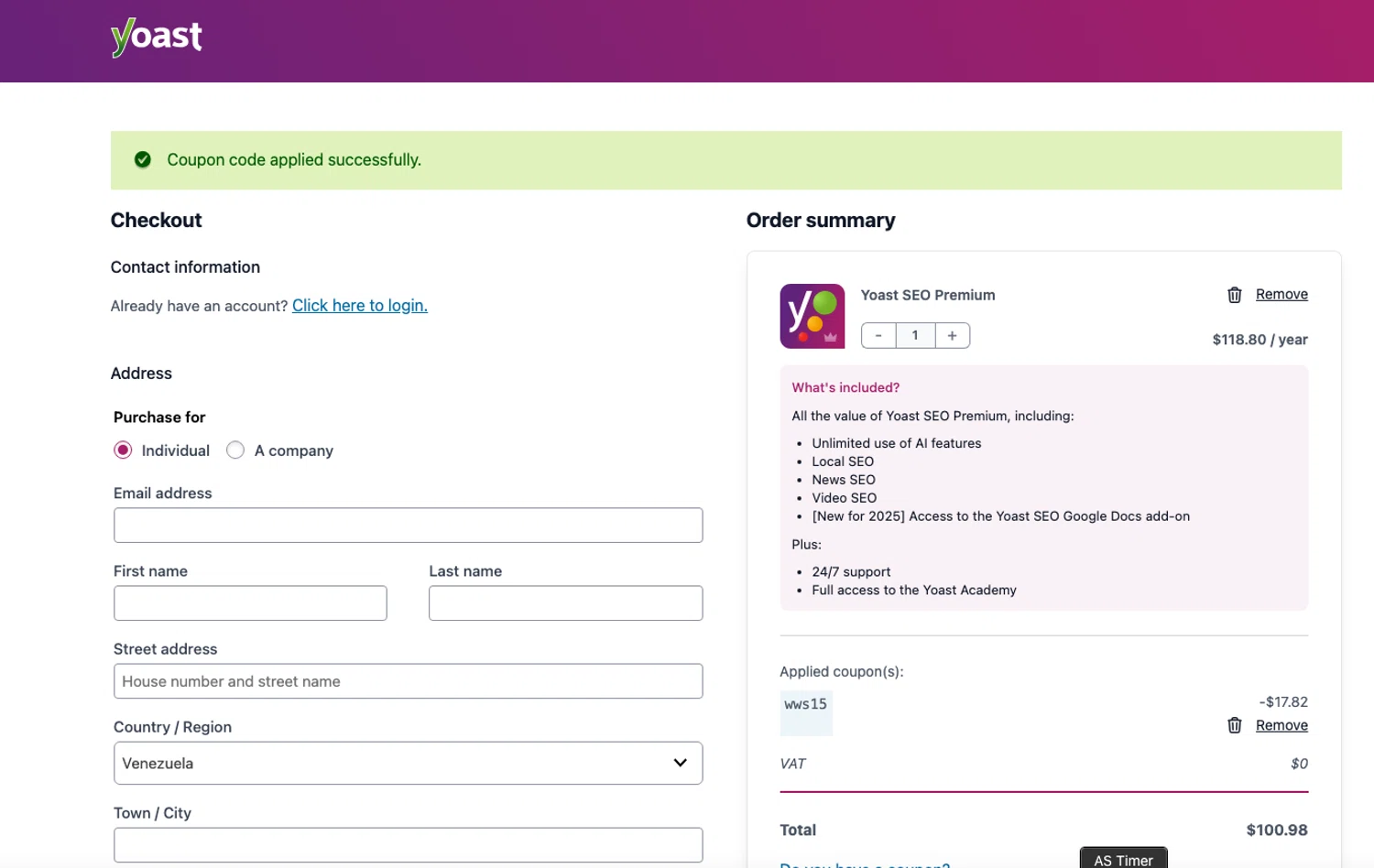 Yoast coupon code screenshot showing code blogwithben15 applied at Yoast checkout page. Uploaded by SimplyCodes community member ELOIN777 on Dec 29, 2025
