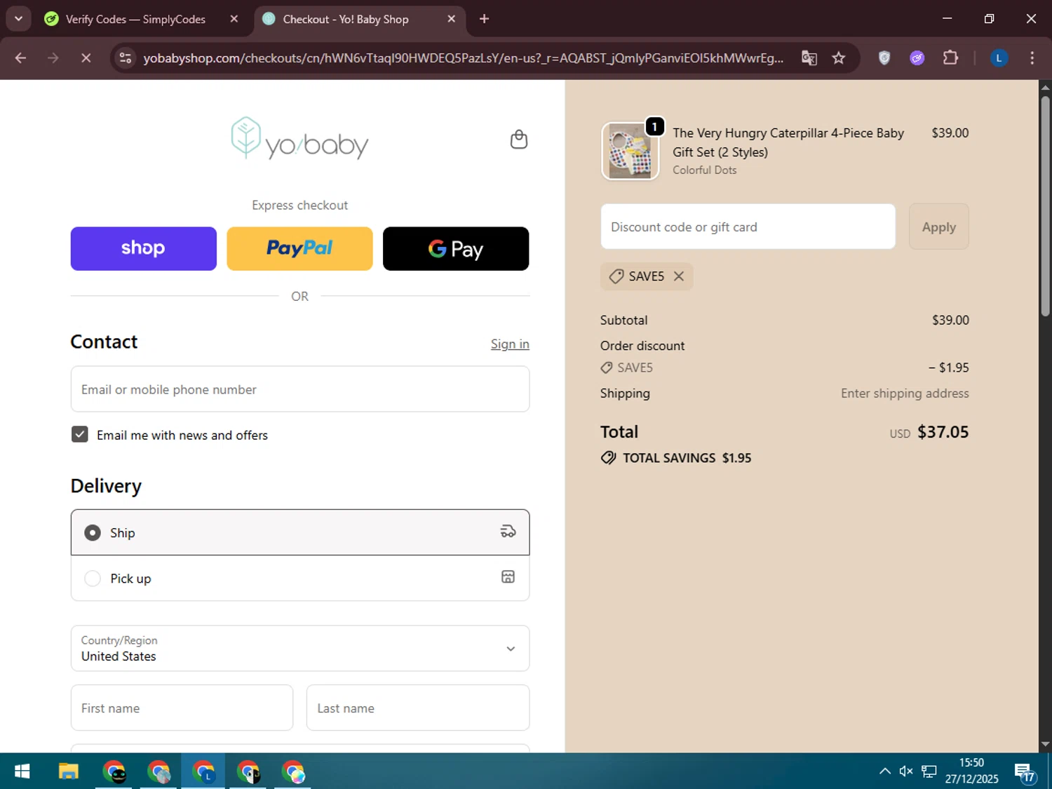 Yo! Baby Shop promo code screenshot showing code SAVE5 applied at Yo! Baby Shop checkout page. Uploaded by SimplyCodes community member LegendaryLegend5536 on Dec 27, 2025