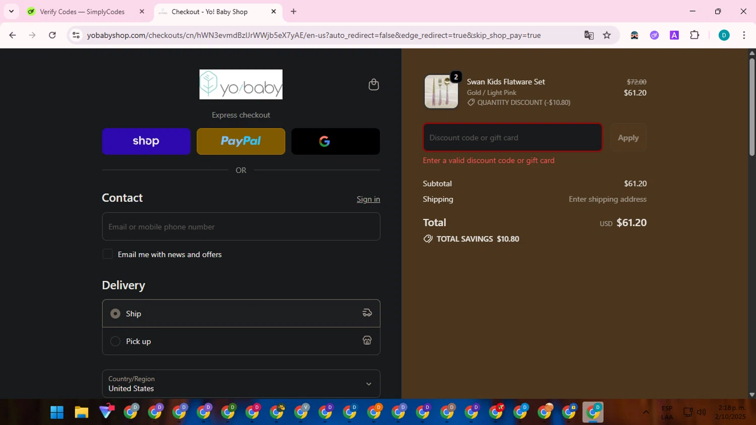 Yo! Baby Shop promo code screenshot showing code WISHLIST5 applied at Yo! Baby Shop checkout page. Uploaded by SimplyCodes community member ShrewdTracker5871 on Oct 2, 2025