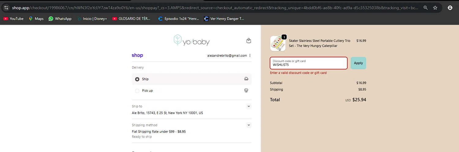 Yo! Baby Shop promo code screenshot showing code WISHLIST5 applied at Yo! Baby Shop checkout page. Uploaded by SimplyCodes community member camilavidal on Oct 2, 2025