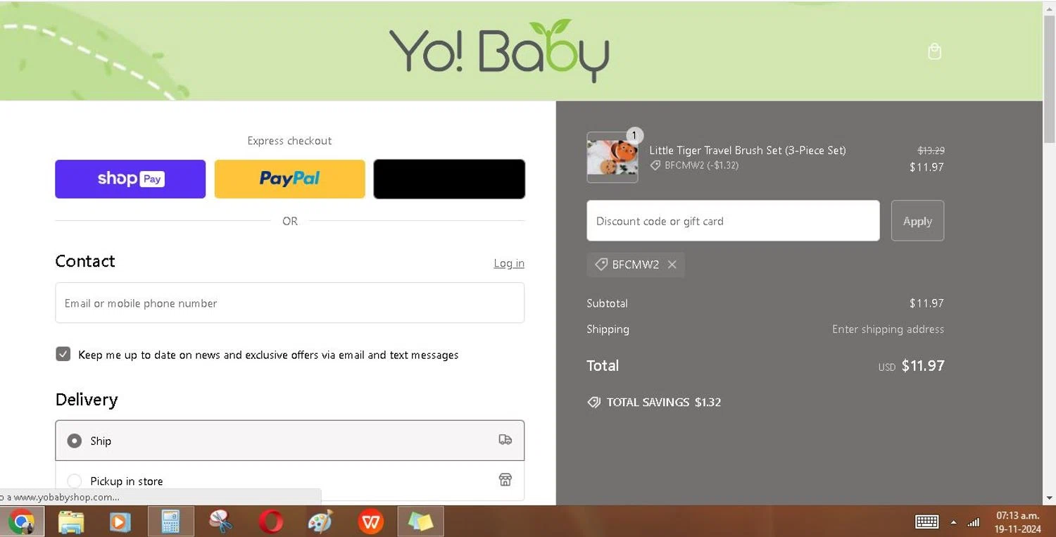 Yo! Baby Shop promo code screenshot showing code BFCMW2 applied at Yo! Baby Shop checkout page. Uploaded by SimplyCodes community member cristianmendoza on Nov 19, 2024