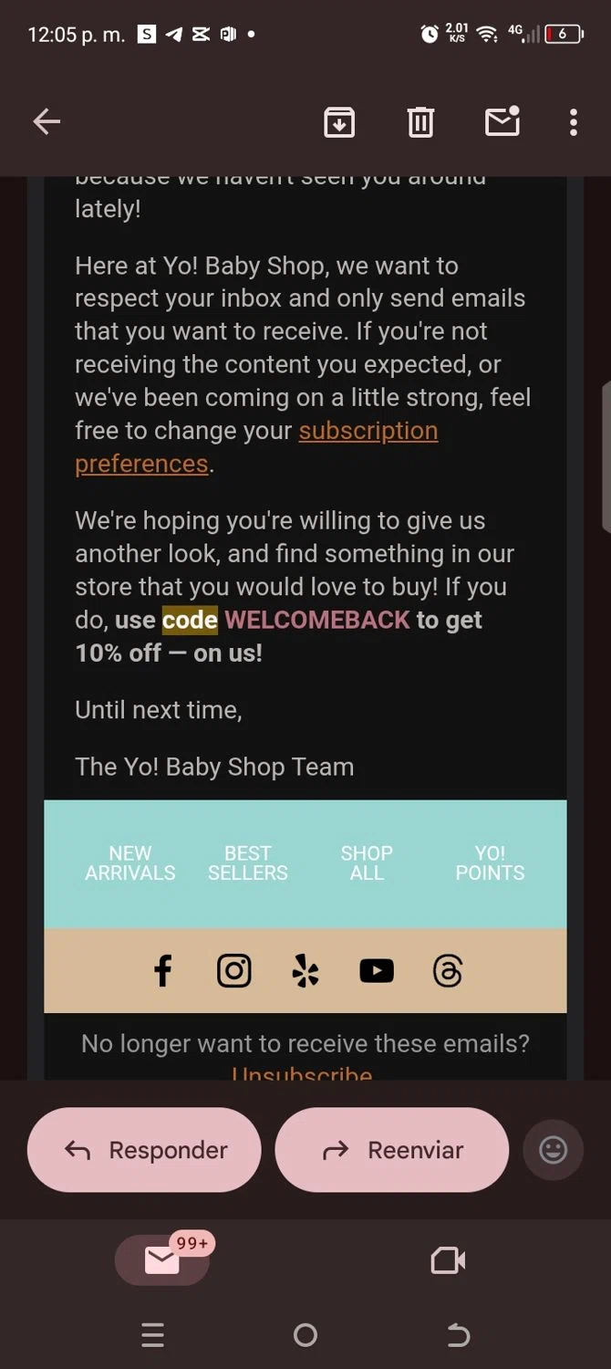 Yo! Baby Shop promo code screenshot showing code WELCOMEBACK applied at Yo! Baby Shop checkout page. Uploaded by SimplyCodes community member kellymoreno on Oct 7, 2025