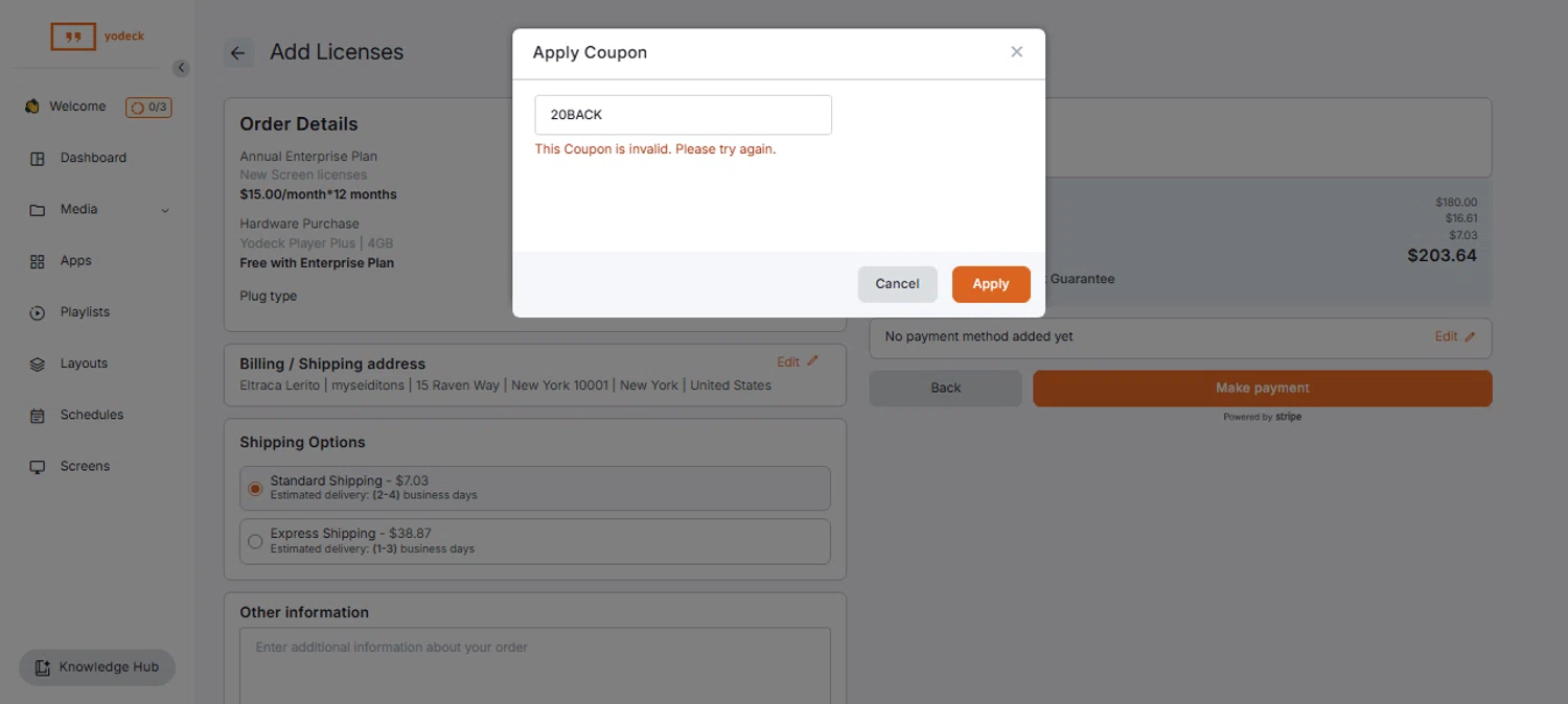Yodeck coupon code screenshot showing code 20BACK applied at Yodeck checkout page. Uploaded by SimplyCodes community member CarmenAyuth on Jun 2, 2025