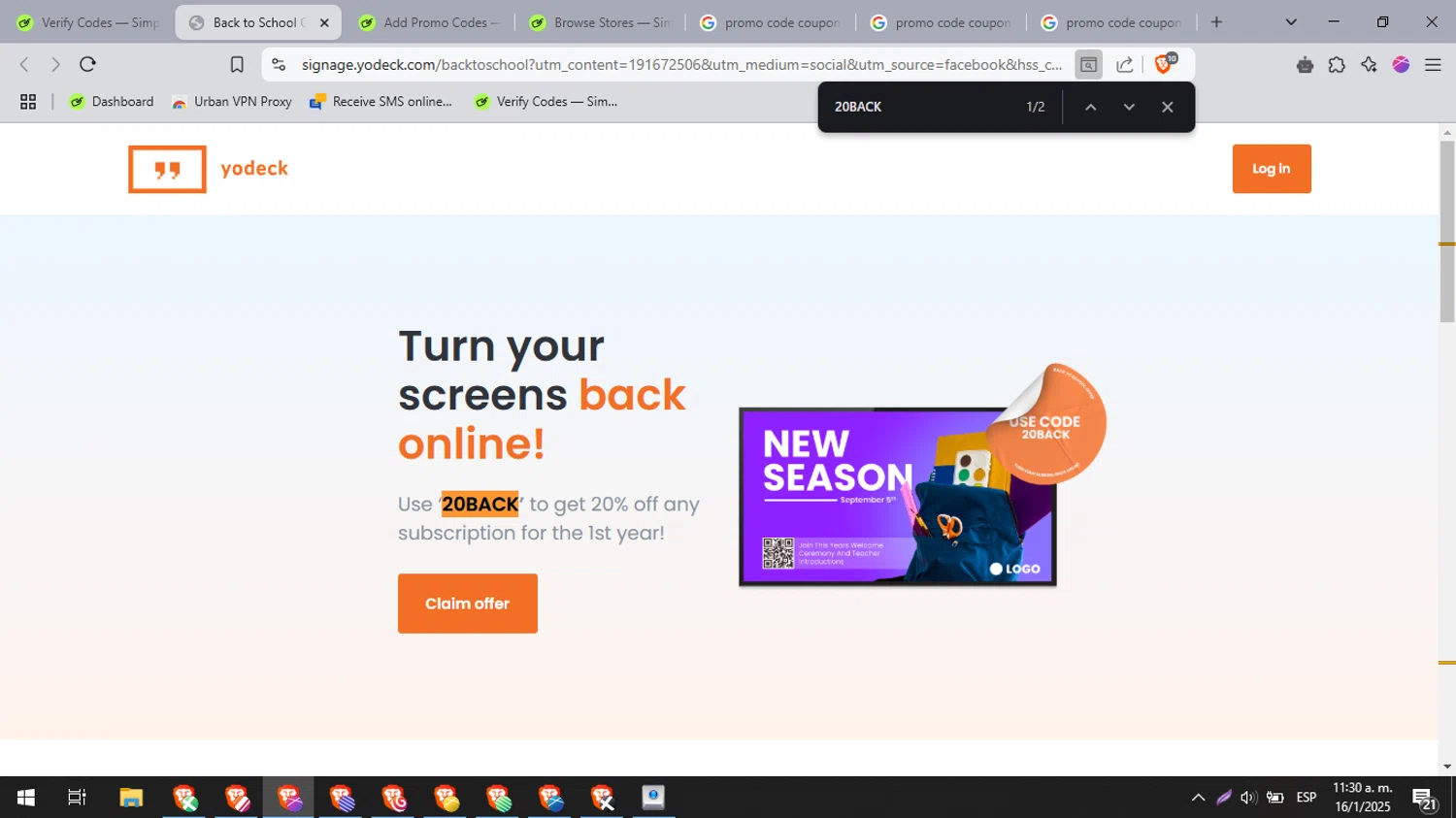 Yodeck checkout page showing Yodeck coupon code box | Screenshot taken by SimplyCodes community member on Jan 16, 2025