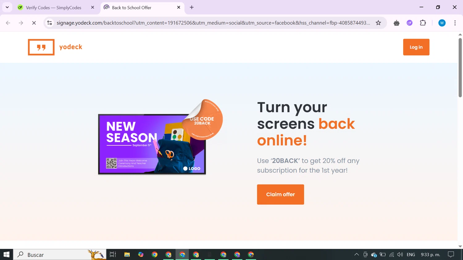 Yodeck coupon code screenshot showing code 20BACK applied at Yodeck checkout page. Uploaded by SimplyCodes community member CrownShopper7142 on Apr 29, 2025