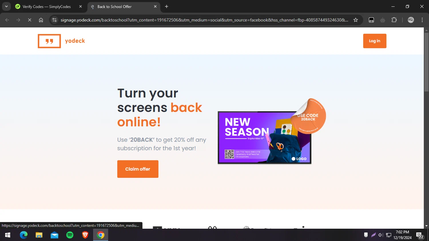 Yodeck checkout page showing Yodeck coupon code box | Screenshot taken by SimplyCodes community member on Dec 19, 2024