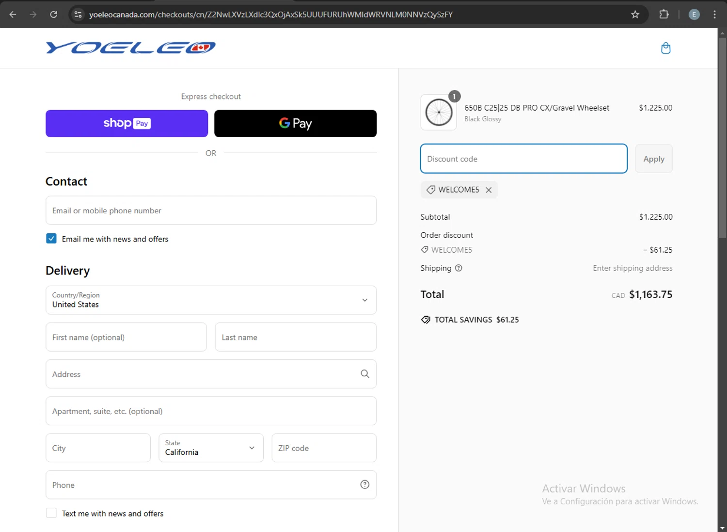 YOELEO discount code screenshot showing code WELCOME5 applied at YOELEO checkout page. Uploaded by SimplyCodes community member ExtraordinaryMonarch4598 on Mar 8, 2025