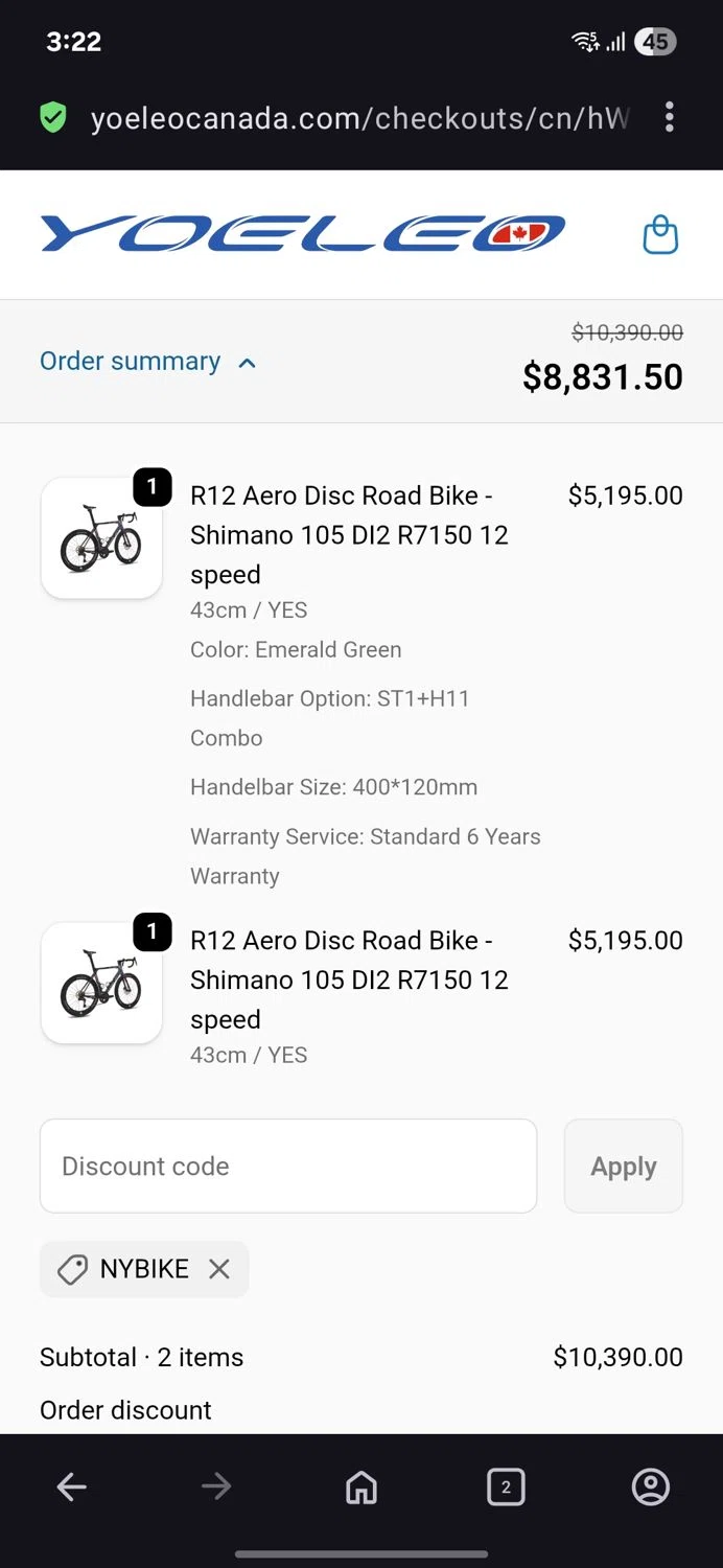 YOELEO discount code screenshot showing code Nybike applied at YOELEO checkout page. Uploaded by SimplyCodes community member BB9542251456527 on Jan 14, 2026