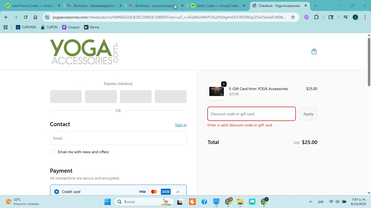 YogaAccessories.com promo code screenshot showing code GCSALE15 applied at YogaAccessories.com checkout page. Uploaded by SimplyCodes community member ABHF23 on Dec 9, 2025