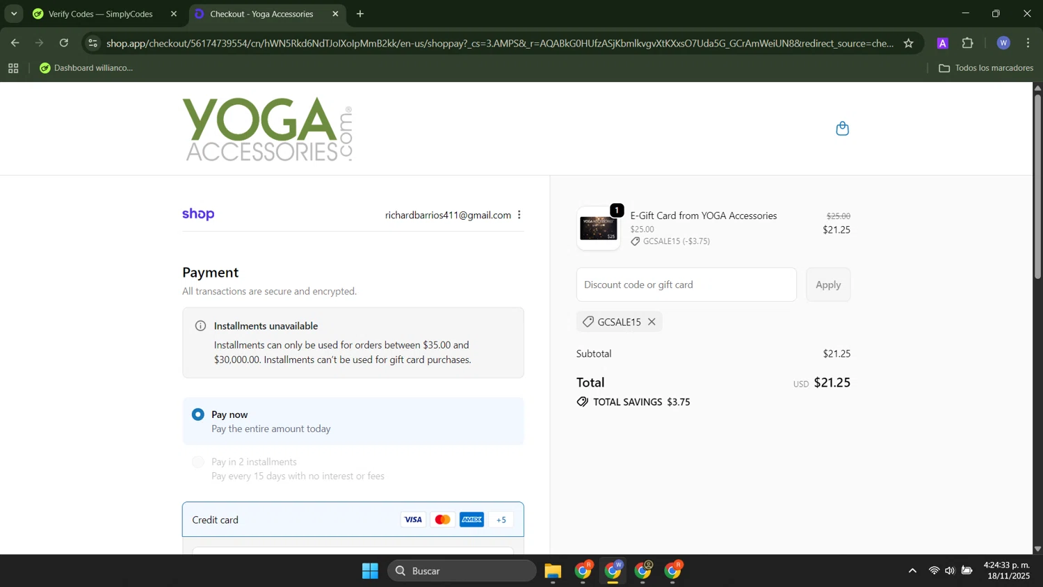 YogaAccessories.com promo code screenshot showing code GCSALE15 applied at YogaAccessories.com checkout page. Uploaded by SimplyCodes community member ThriftyTracker446 on Nov 18, 2025